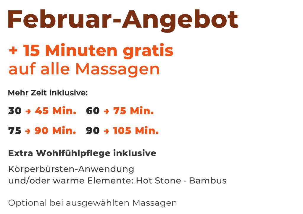 Februar-Angebot: +15 Minuten gratis auf alle Massagen